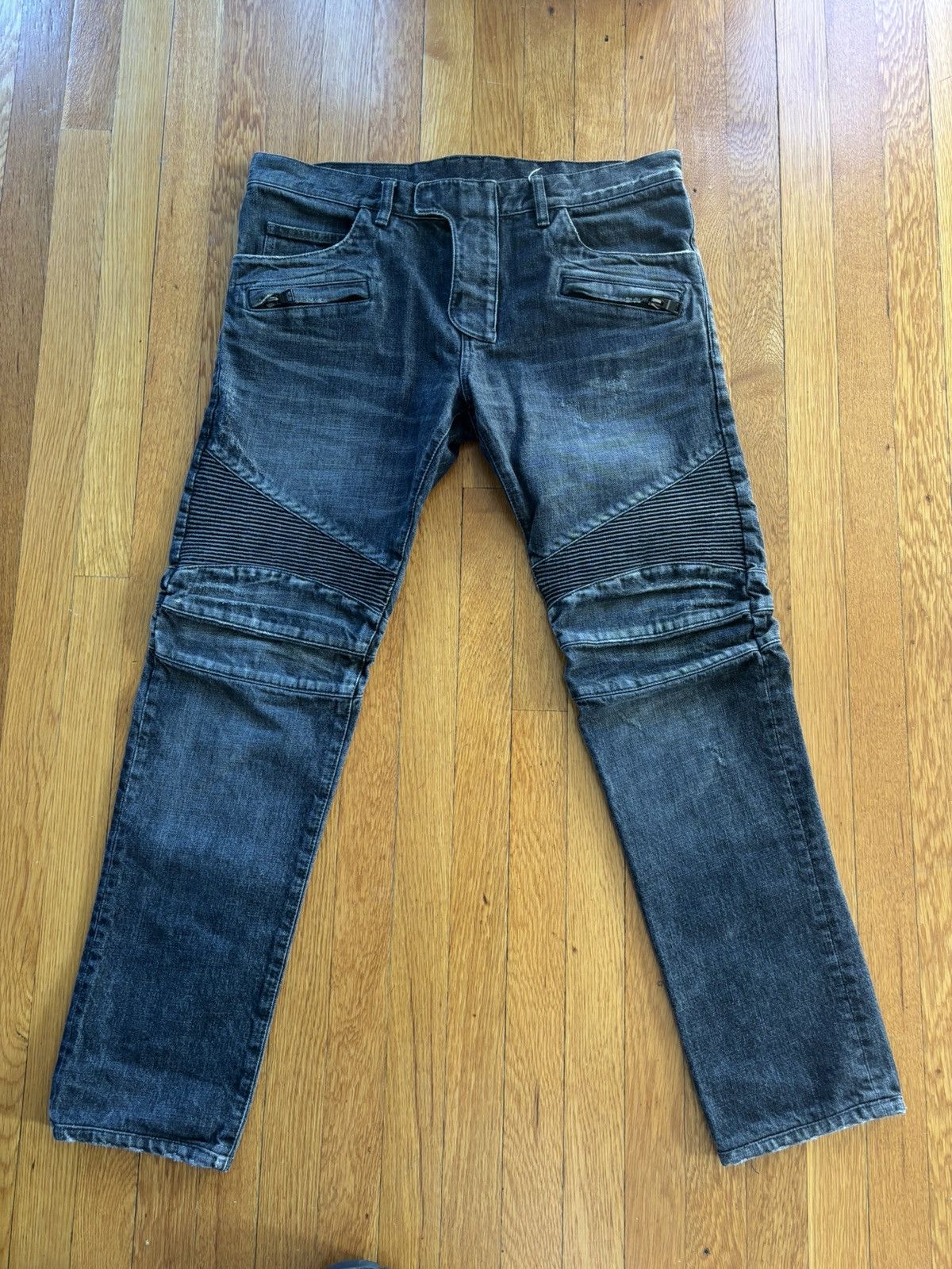 Balmain Black Washed Biker Jeans Size US 34 / EU 50 - 1 Thumbnail