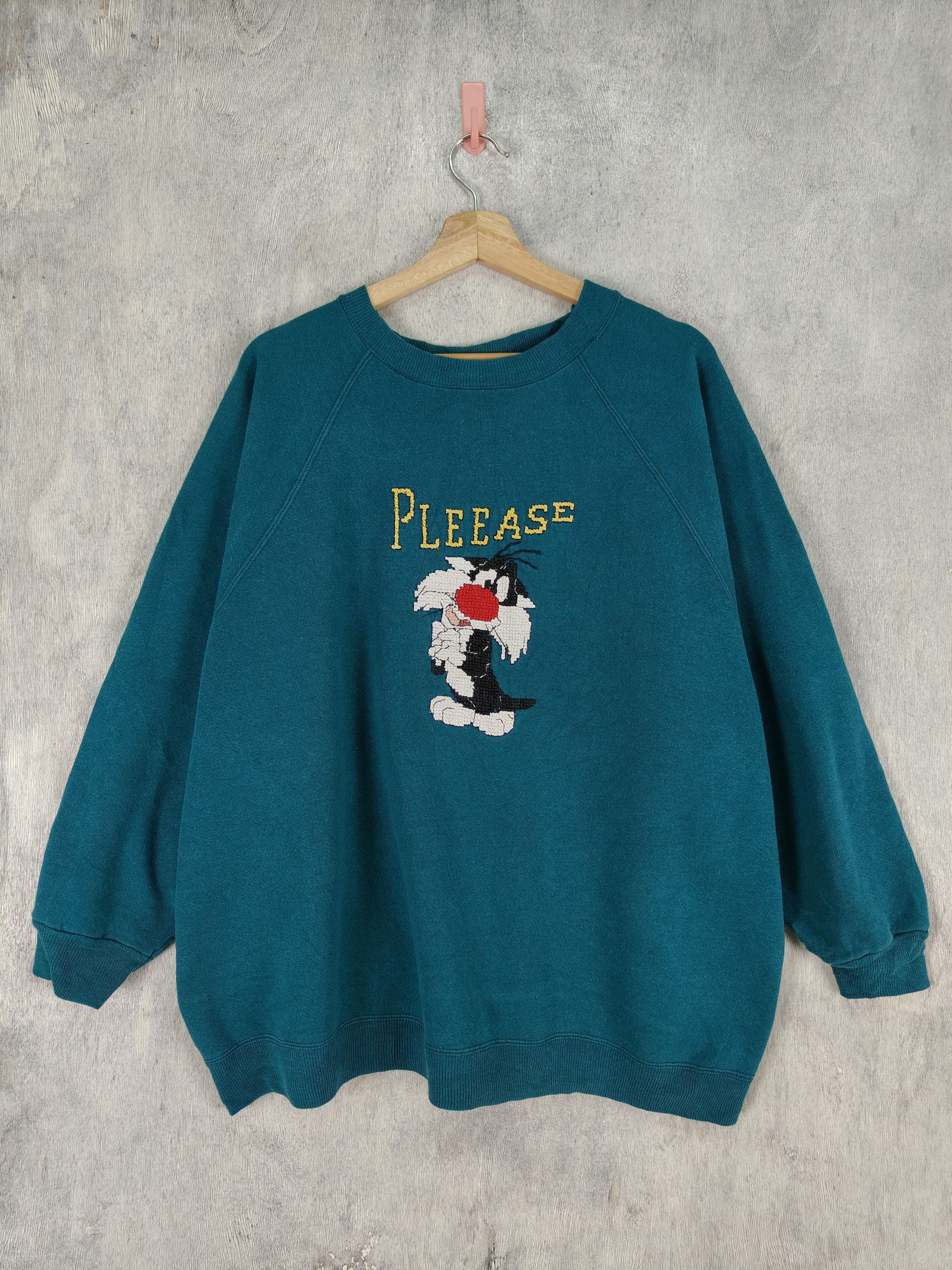 image of Cartoon Network x Vintage Looney Tunes Characters Cartoon Embroidery Sweatshirt in Green (Size 2XL)