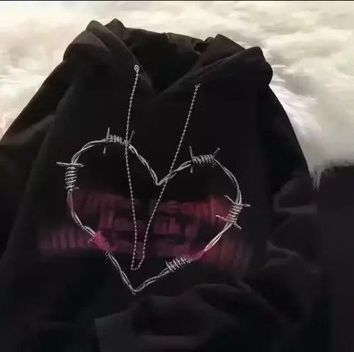 image of Vintage Oversized Black Barb Wire Heart Graphic Hoodie, Men's (Size Large)