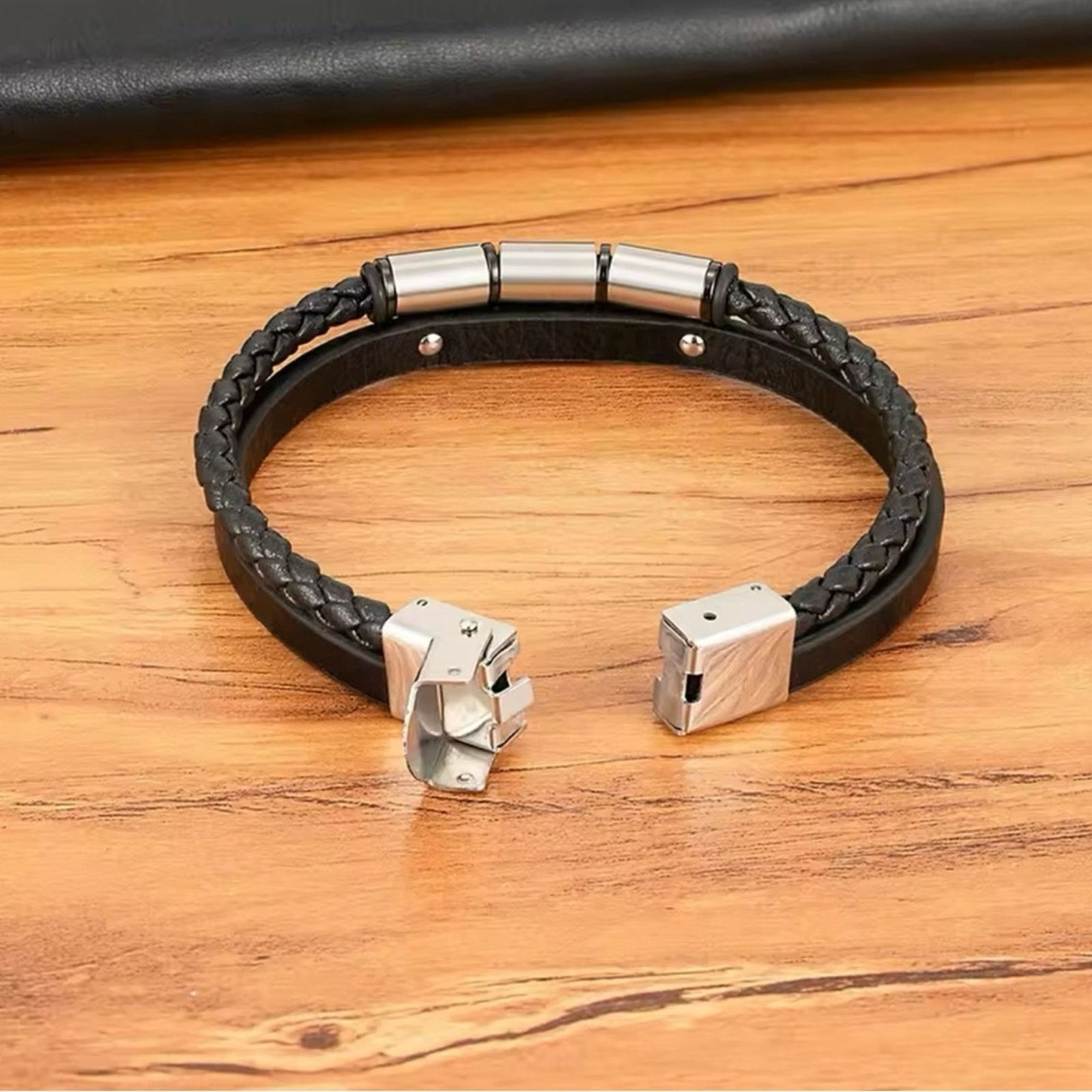 Other Men Double Layer Leather Bracelet Stainless Steel 8” Size ONE SIZE - 3 Thumbnail