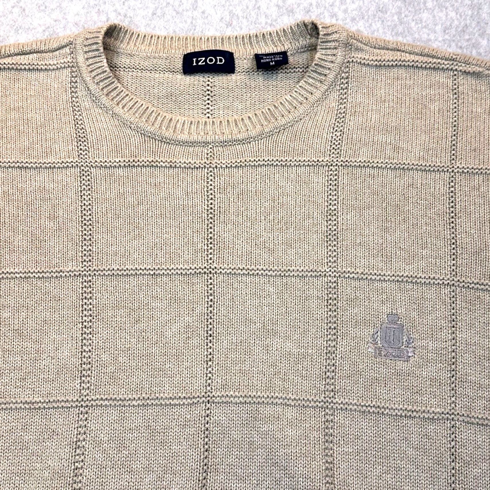 Izod VINTAGE IZOD BeIge Cotton Grid Knit Sweater Mens Medium Cre w Neck Cable Knit 90s Pullover logo Embroidered Size US M / EU 48-50 / 2 - 3 Thumbnail