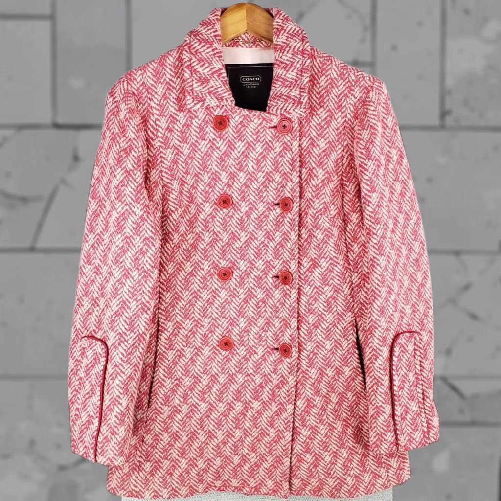 Coach COACH Womens Pea Coat Jacket Pink White Herringbone Wool Mohair Silk Lined Double Breasted Notch Front Pockets Size 6 Womens Size M / US 6-8 / IT 42-44 - 1 Thumbnail