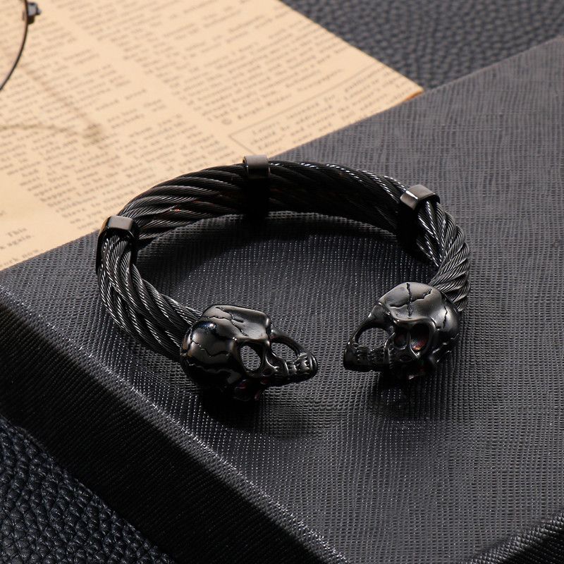 Jewelry Black Steel Skull Double Layer Cuff Bracelet Size ONE SIZE - 3 Thumbnail