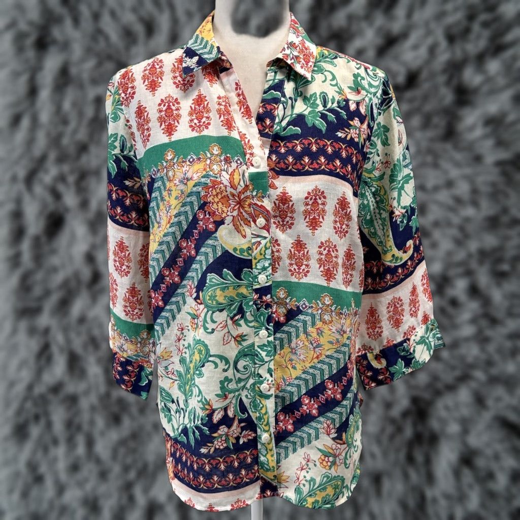 Vintage Chicos No Iron Linen Button Up Shirt Sz 1 US 8/10 Medium 3/4 Sleeves Mixed Print Size M / US 6-8 / IT 42-44 - 1 Thumbnail