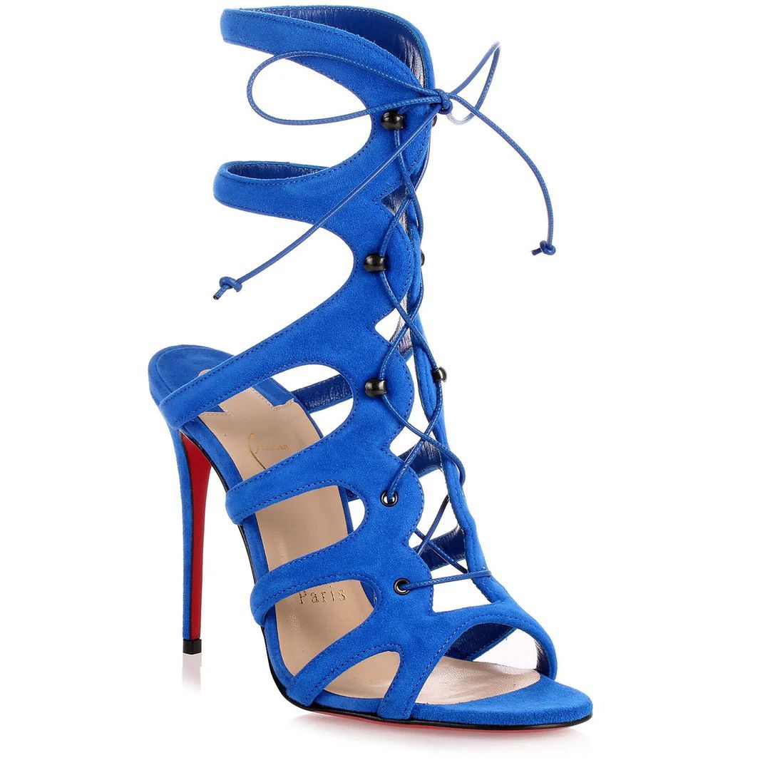Christian Louboutin Amazoulo 100 Electric Blue Lace Up Tie Sandal Heel Pump 35 Size US 5 / IT 35 - 3 Thumbnail