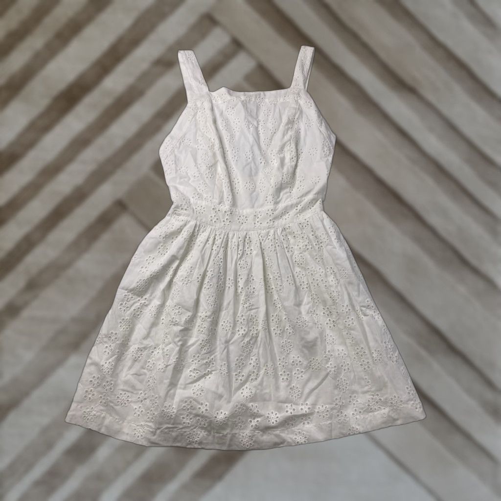 Vintage Hill House Mini Dress White Sleeveless Eyelet Linen Blend One Shoulder Short S Size S / US 4 / IT 40 - 1 Thumbnail