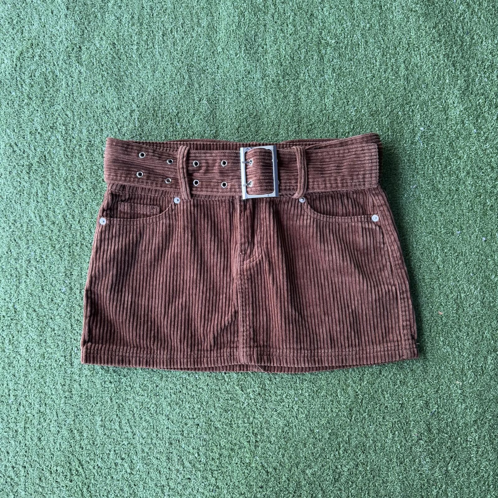 Designer Y2K Brown Corduroy Princess Polly Mini Skirt with Belt Size ONE SIZE - 1 Thumbnail
