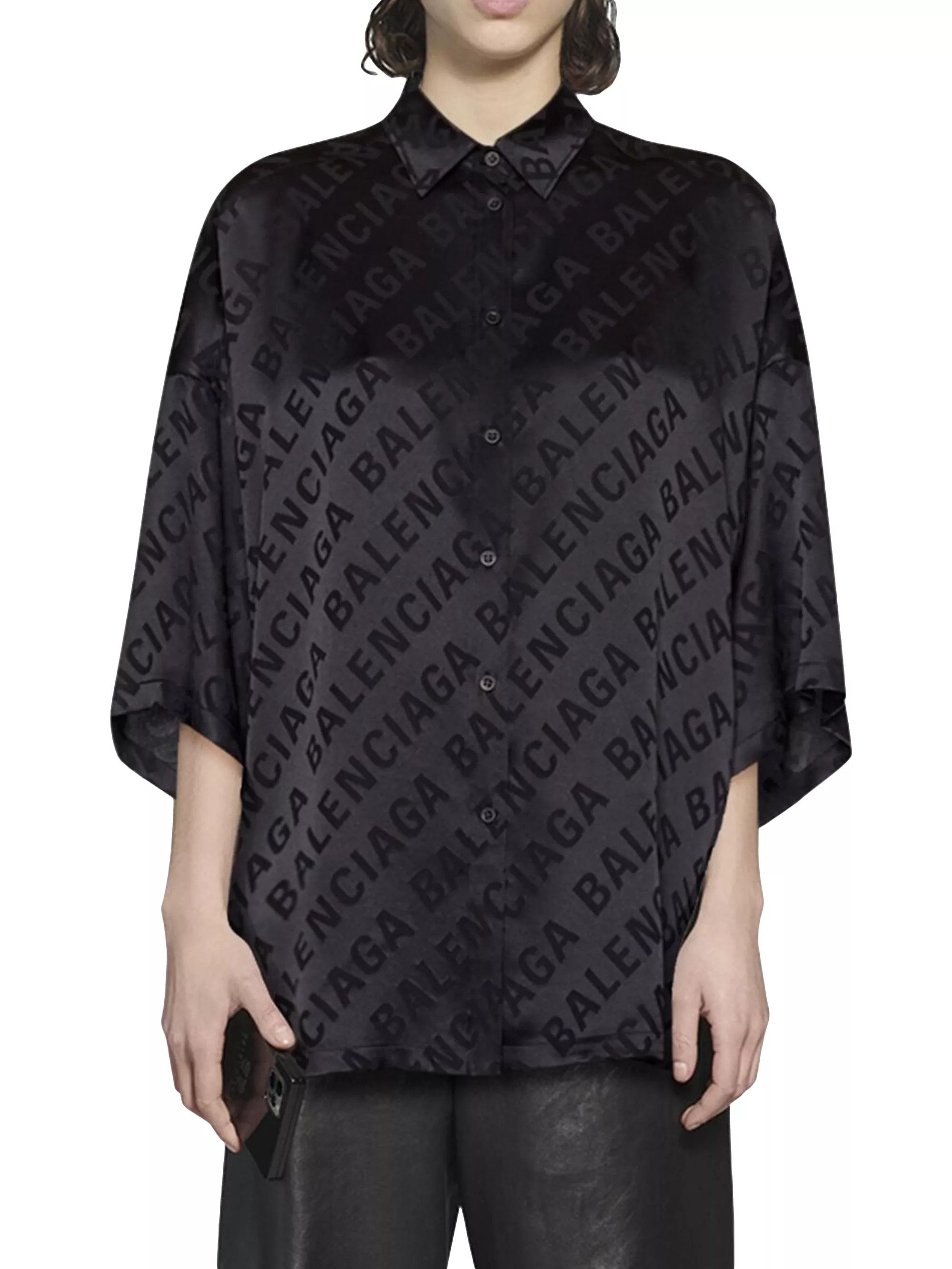 Balenciaga o1mt1gz0325 Large Allover Logo Vareuse Shirt in Black Size XS / US 0-2 / IT 36-38 - 2 Thumbnail