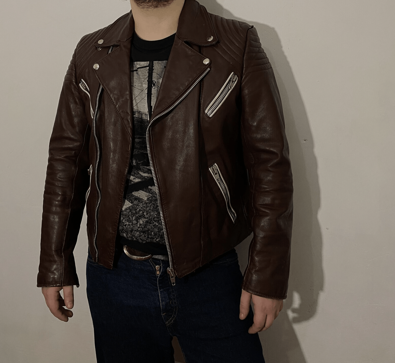 image of Rare Vintage 80's Brown Biker Jacket English Punk Style in Brown/Red, Men's (Size Medium)