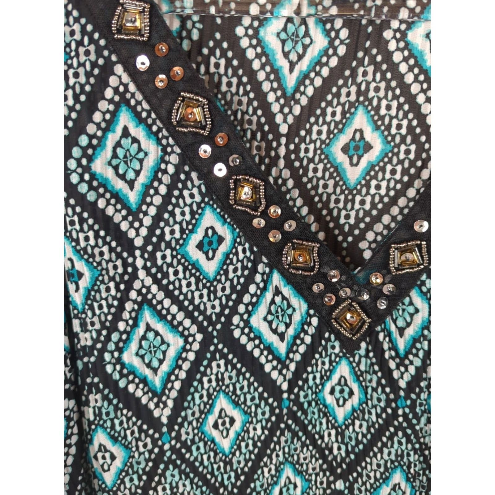 Vintage Catherines Blouse Blue Aqua V-Neck 3/4 Flutter Sleeve Pleated Bling 28W Plus Tunic Womens Size 4XL / US 24-26 - 2 Thumbnail
