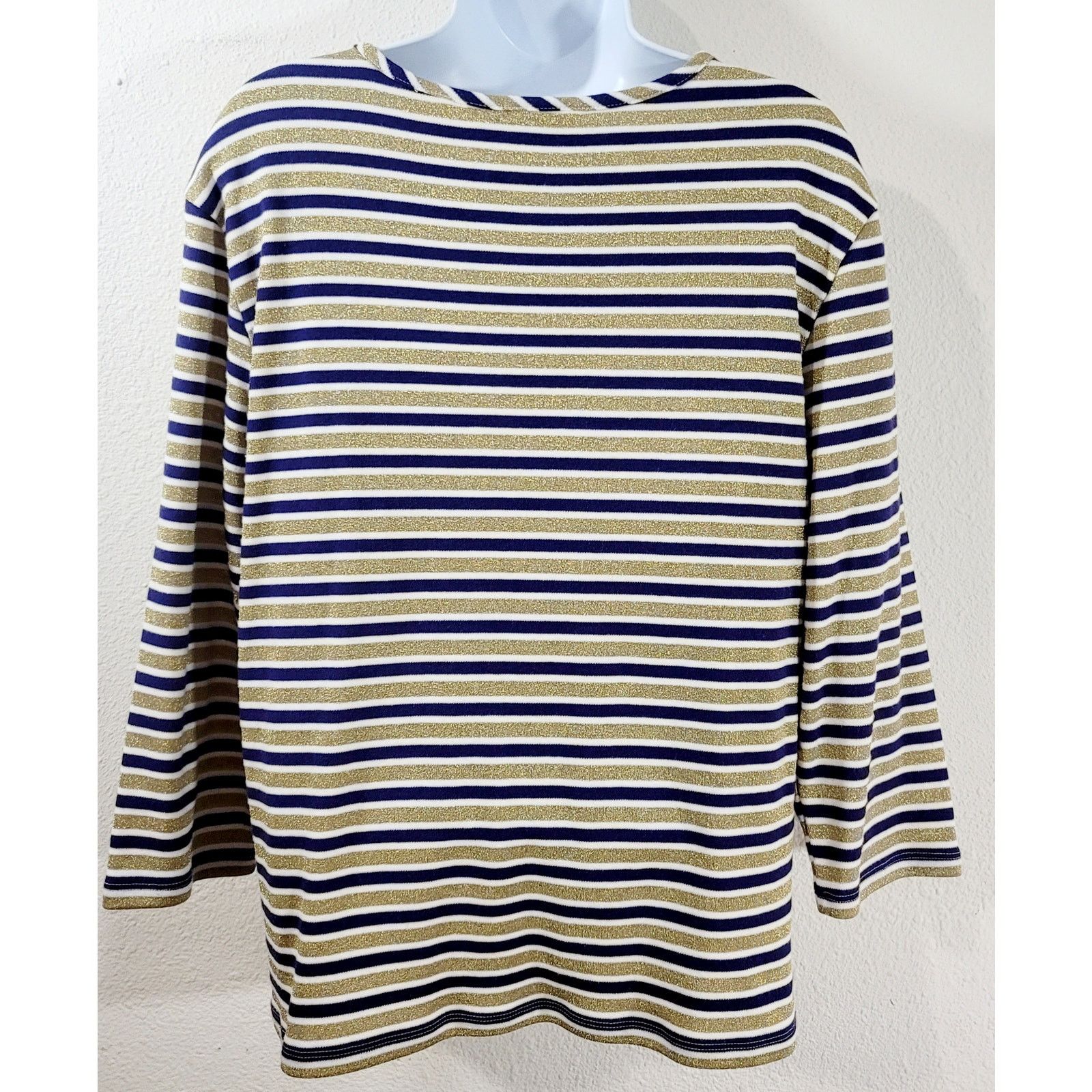Other Draper's & Damon's Blue Gold Striped 3/4 Sleeves Top Large Size L / US 10 / IT 46 - 2 Thumbnail