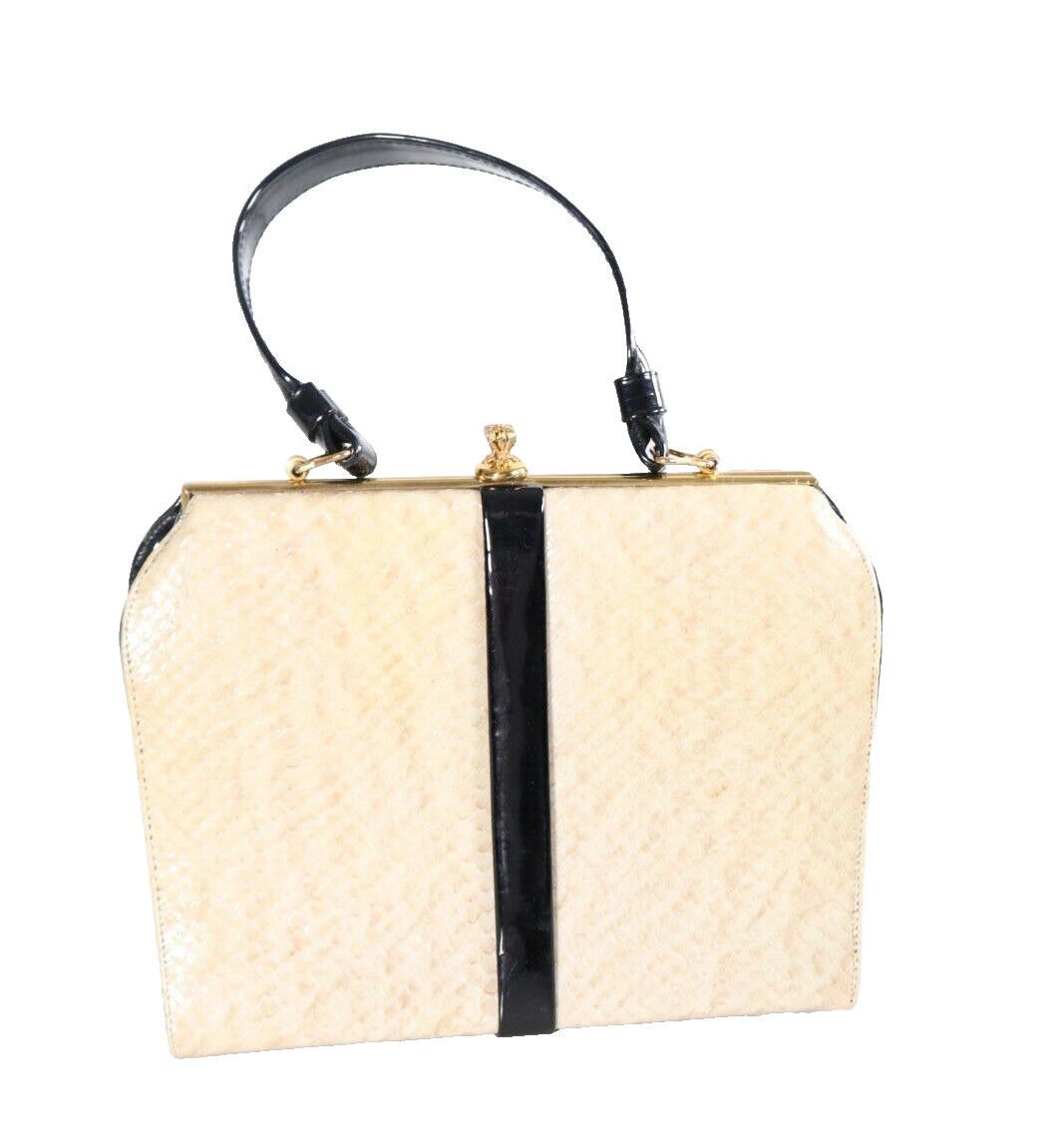 Designer Vintage Cream Black Patent Faux Snake Skin Handbag Purse Bag Size ONE SIZE - 1 Thumbnail