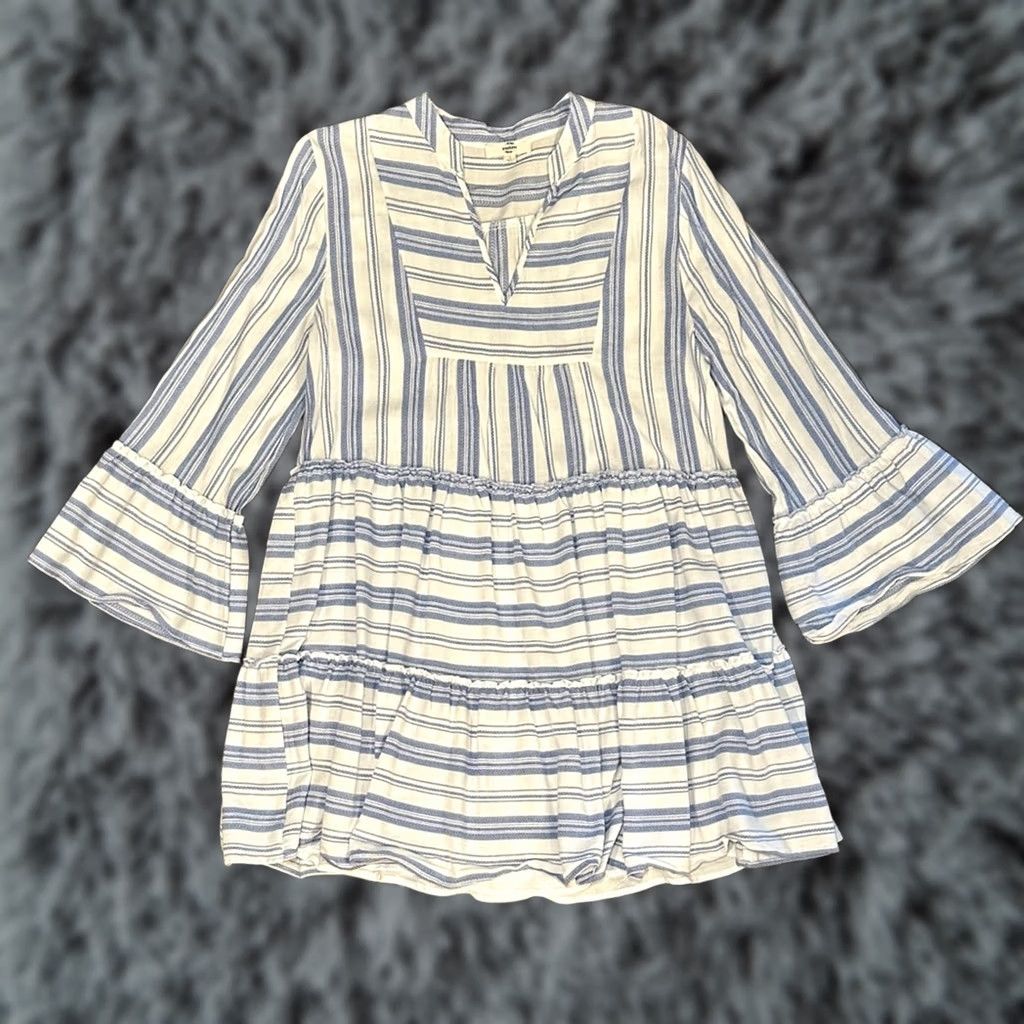 Vintage ENTRO Striped Tiered Flared Long Sleeve V-Cut Dress - Large Blue Women Knee Length Rayon Blend Dress Size L / US 10 / IT 46 - 1 Thumbnail