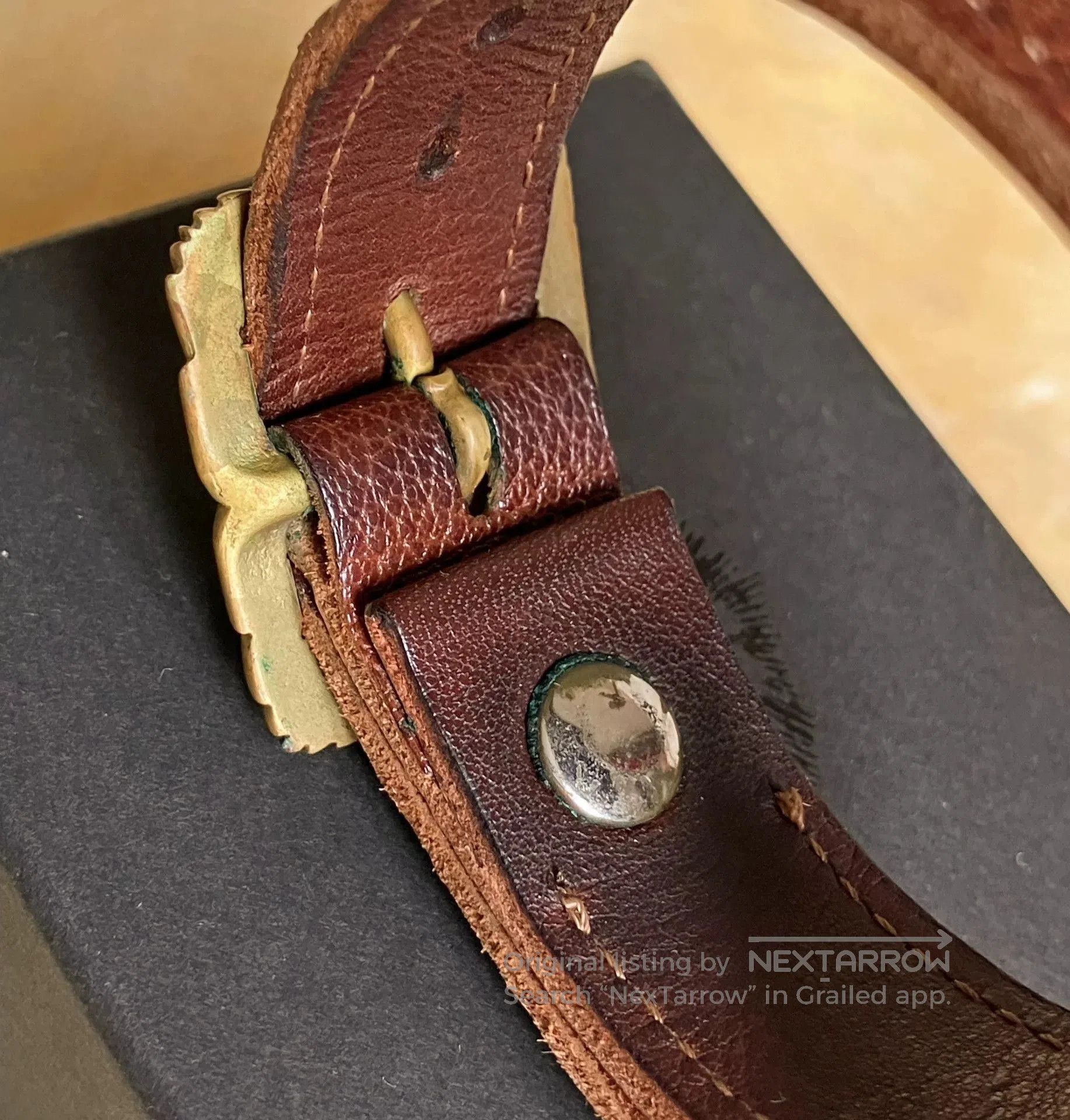 Vintage Handmade Leather Bracelet with Brass Buckle. Size ONE SIZE - 6 Thumbnail
