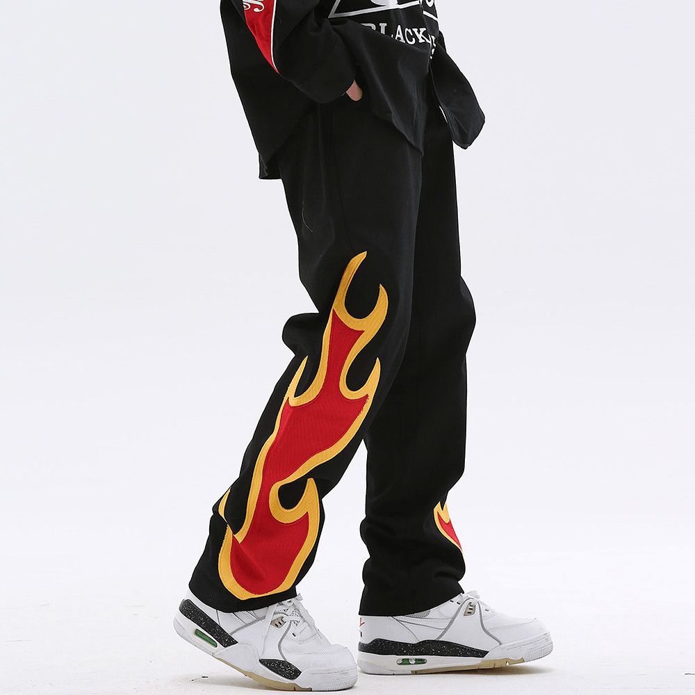 image of Fire Flame Graphic Black Denim Jeans, Men's (Size 32)
