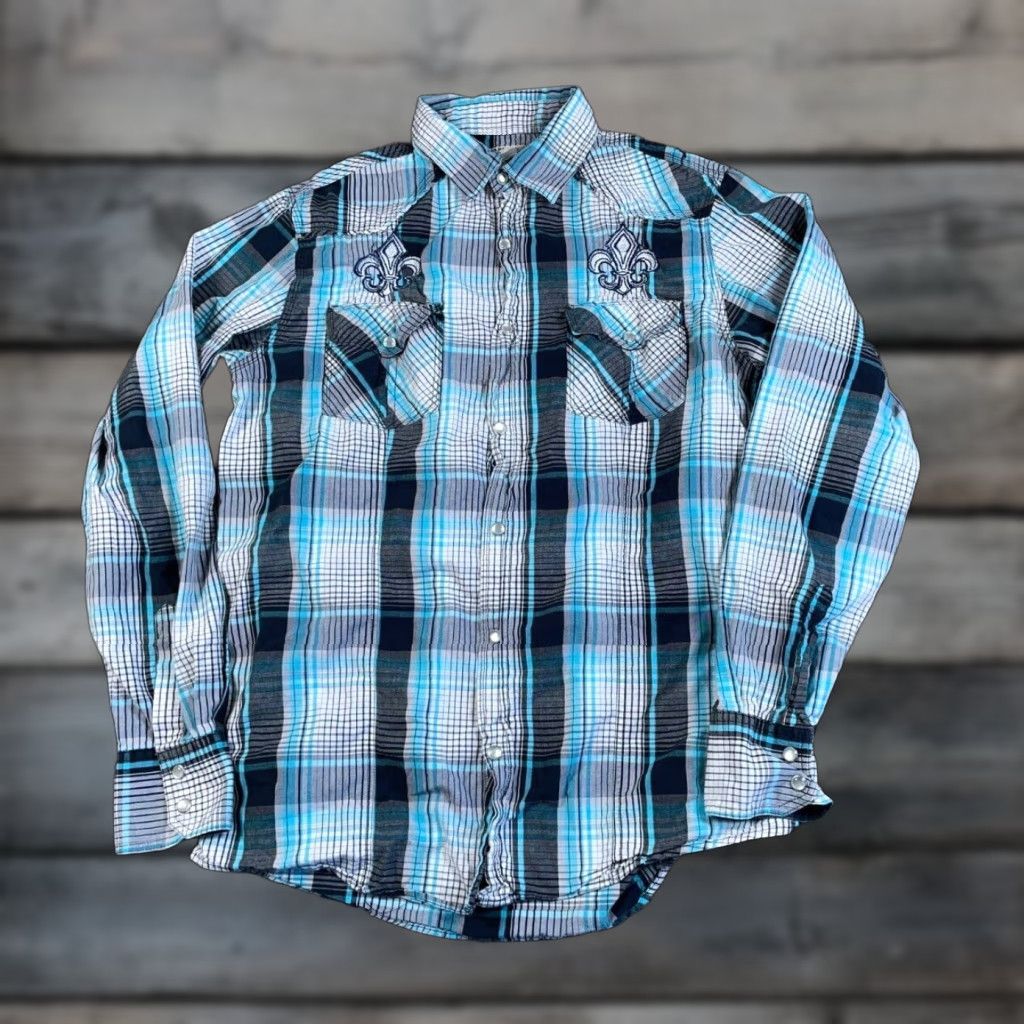 Affliction VINTAGE Red Snap Western Shirt Mens M Blue Plaid Tribal Snap Shirt Mens M Blue Plaid Tribal Western Grunge Hip Hop Retro Casual Men Size US M / EU 48-50 / 2 - 1 Thumbnail