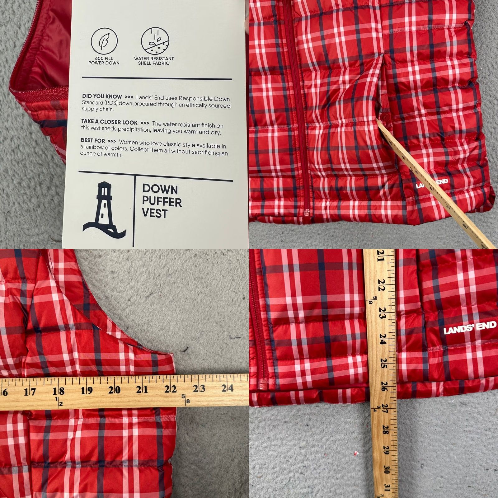 Lands' End VINTAGE Lands End Womens Large Vest Down Puffer Red Plaid 600 Fill Pocket Full Zip Size L / US 10 / IT 46 - 8 Thumbnail
