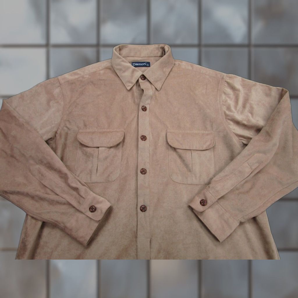 Velvet Damon Shirt Mens XL Beige Velvet Microfiber Suede Feel Vintage 80s Rockabilly Size US XL / EU 56 / 4 - 1 Thumbnail