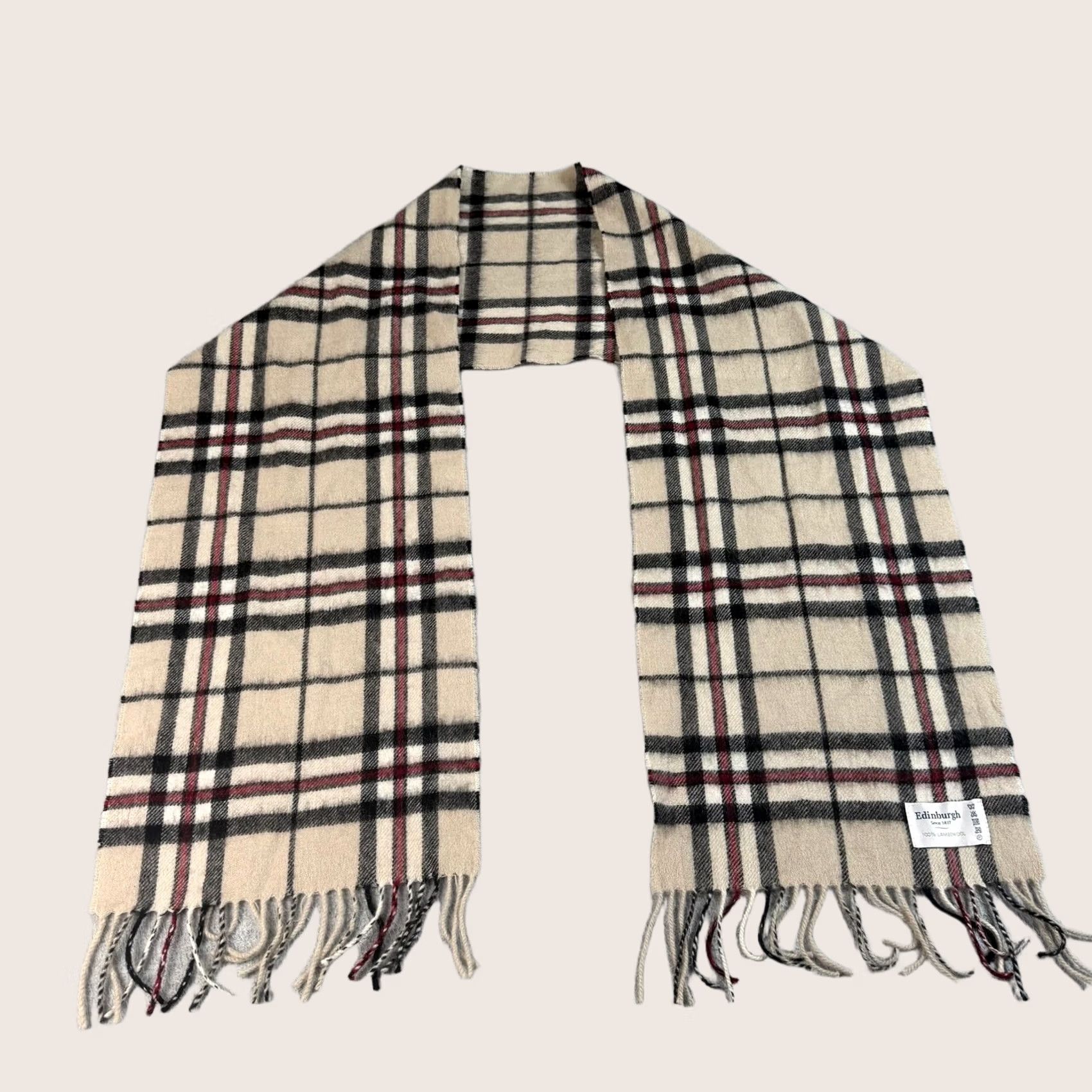 Vintage Edinburgh Scarf Men Beige Plaid Fringe Lambswool Wool Rectangle 63in 10.5in Preppy Classic Heritage Size ONE SIZE - 1 Thumbnail