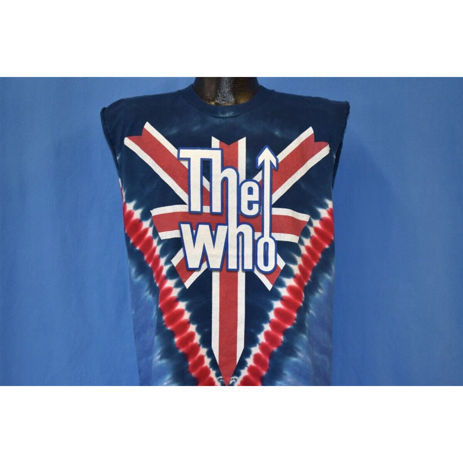 image of VTG 90's The Who Long Live Rock Liquid Blue Tie Dye Cut Flag Union Jack T-Shirt M in White (Size Me