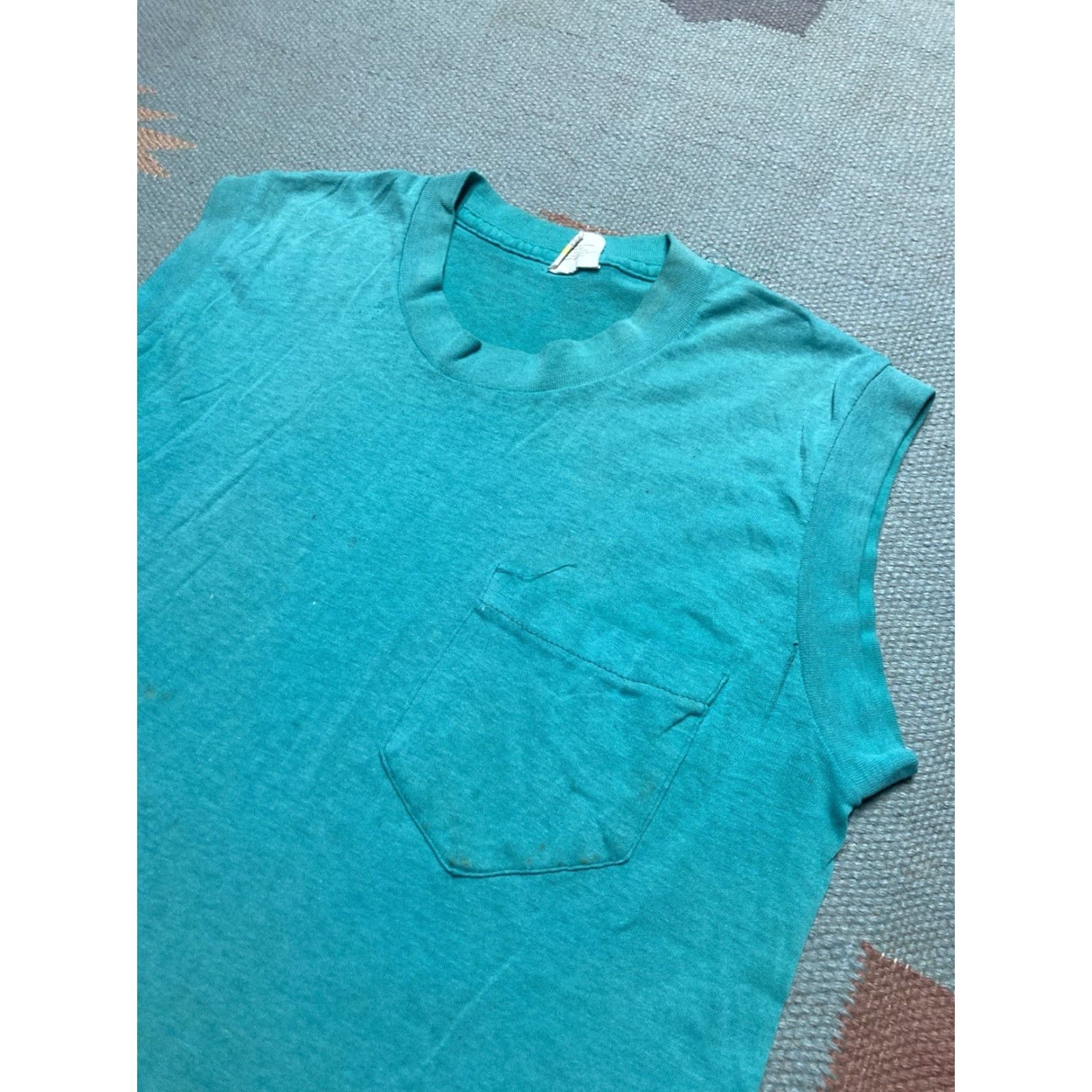 Altea VINTAGE 80s Sleeveless Pocket T Shirt Blue Teal Muscle Stained Medium M & M Men Shirts Size US M / EU 48-50 / 2 - 5 Thumbnail
