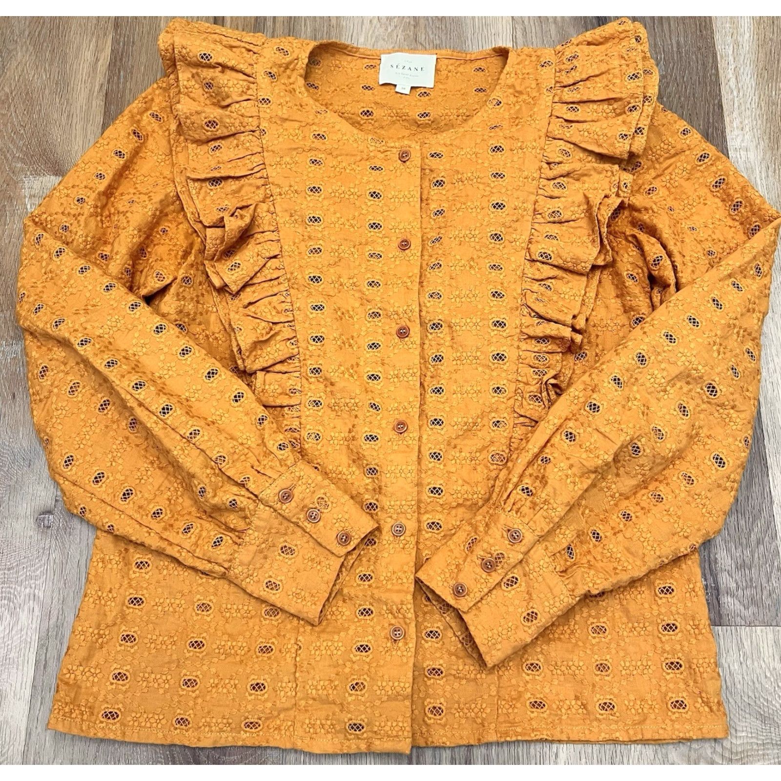 Vintage Sezane Blouse Shirt Woman 36 White Eyelet Ruffle Top Cottagecore Long Sleeve Button Lace 100% Cotton Size XS / US 0-2 / IT 36-38 - 2 Thumbnail