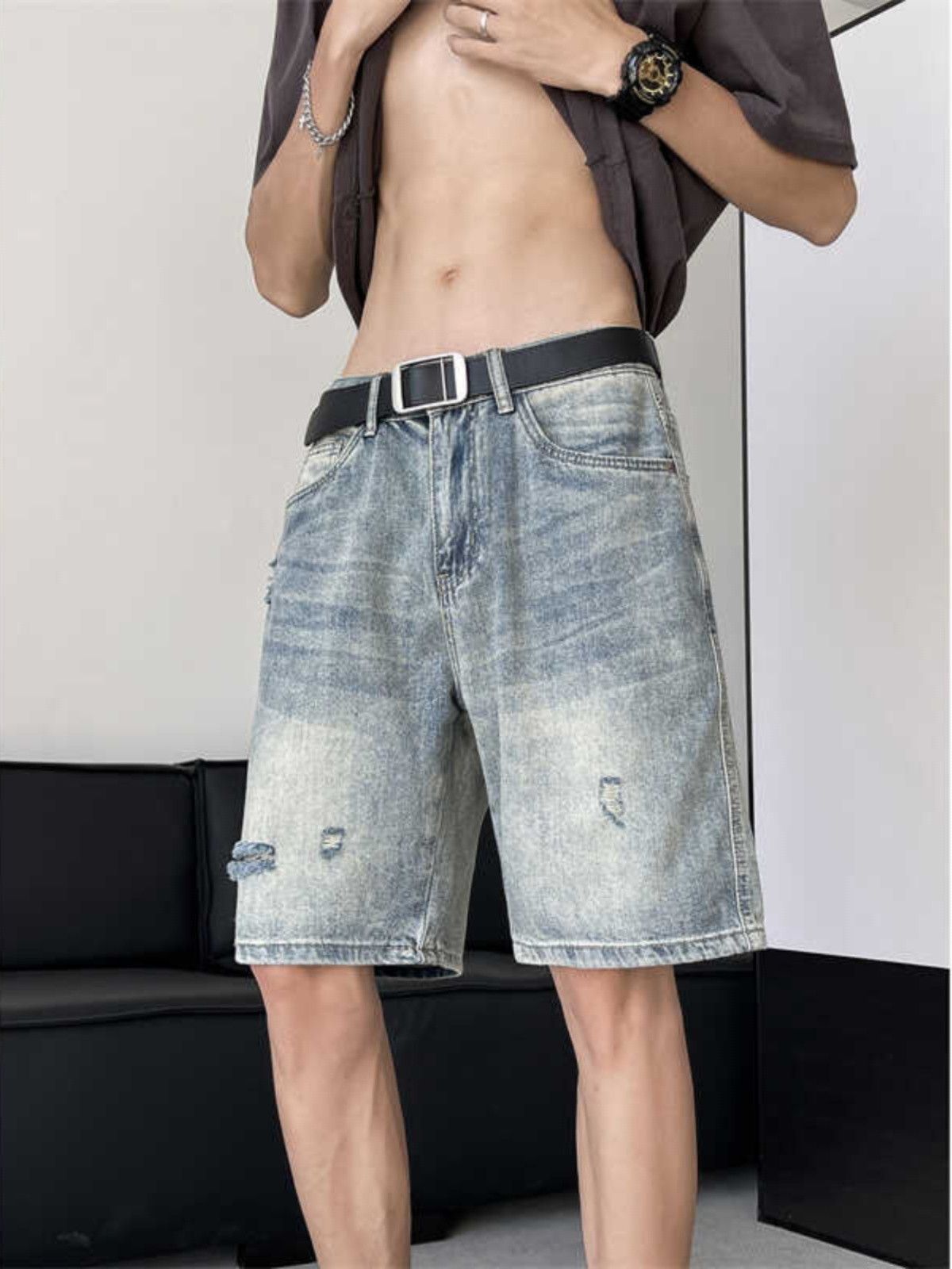 Japanese Brand × Jean Retro straight cut hole loose denim shorts Size US 32 / EU 48 - 2 Thumbnail