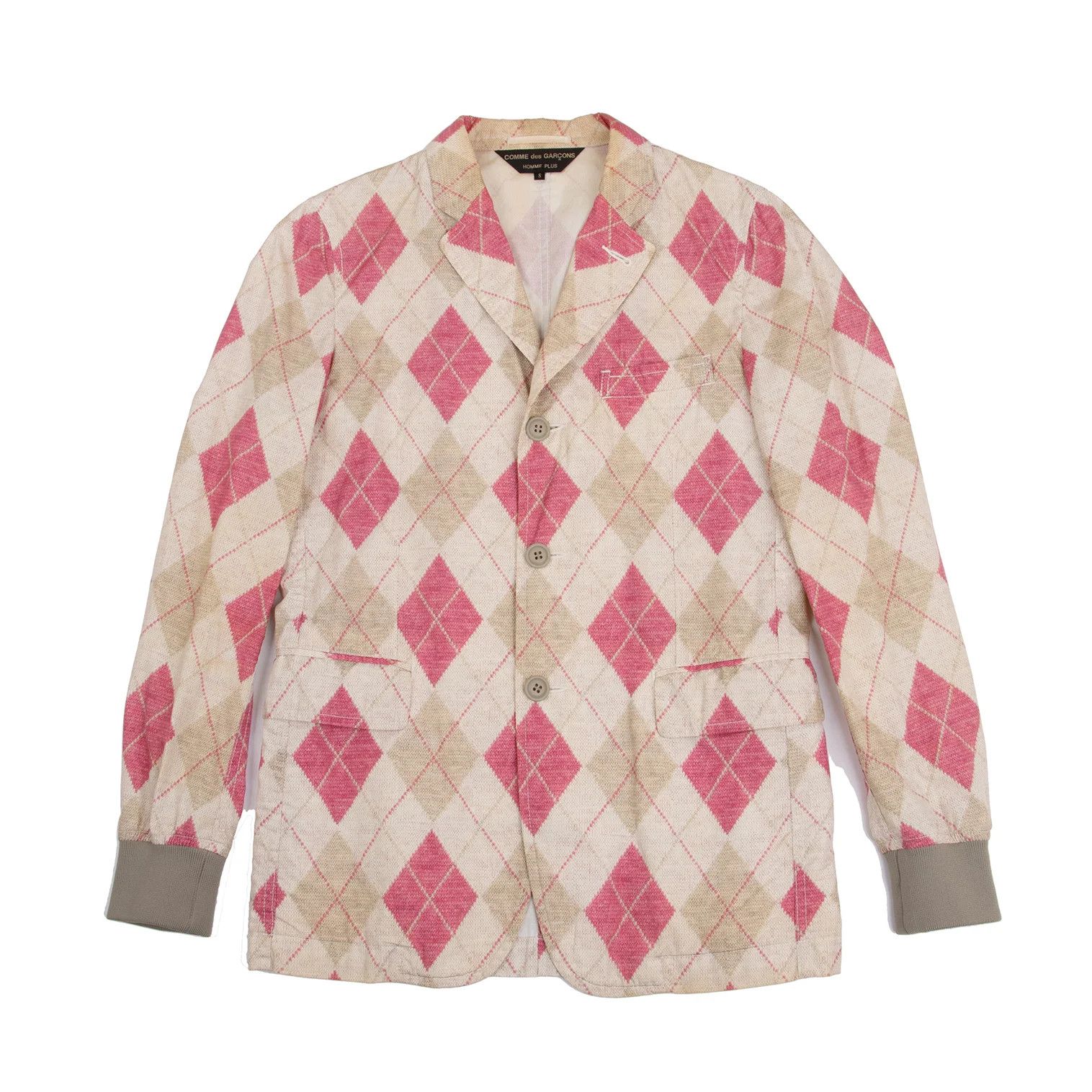 Comme des Garcons Homme Plus Cotton Argyle Knit Transfer Print Jacket Beige Pink S Size US S / EU 44-46 / 1 - 1 Thumbnail