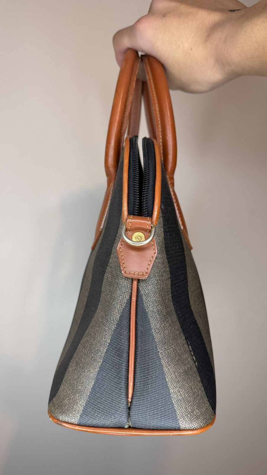 Fendi Fendi Brown Striped Pequin Canvas Dome Handbag with Leather Size ONE SIZE - 4 Thumbnail