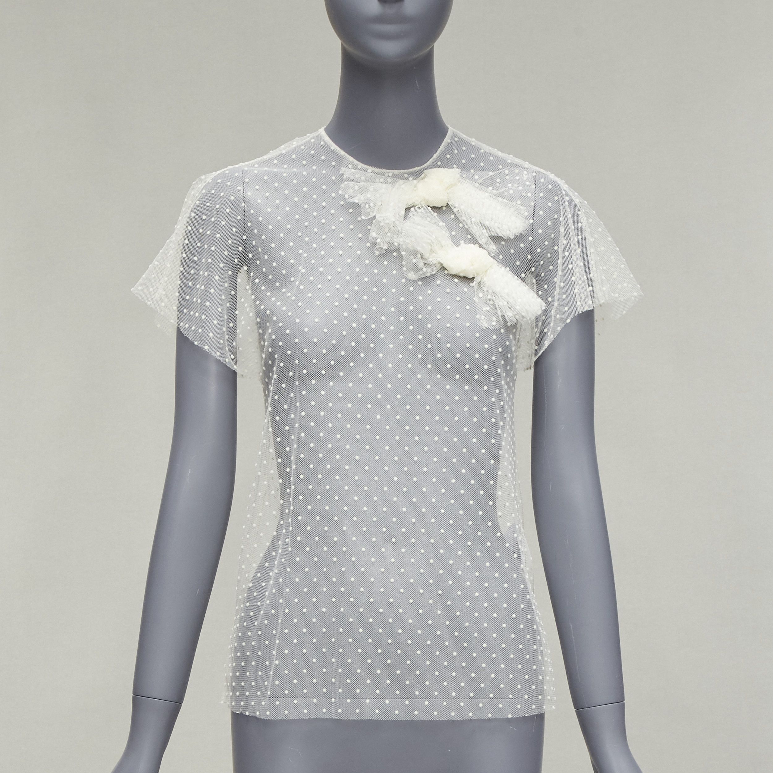 Image of Red Valentino Cream Polka Dot Lace Asymmetric Bow Collar Sheer Top It38 Xs, Women's