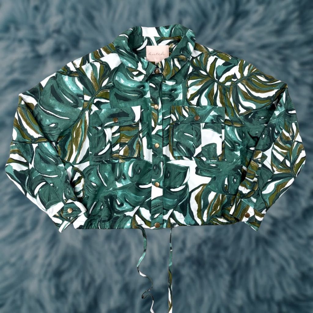 Anthropologie Hutch Cropped Utility Jacket Tropical Monstera Leaf Linen Blend Green M Jacket Women Long Sleeve Button Snap Drawstring Hem Casual Travel Workwear Size M / US 6-8 / IT 42-44 - 1 Thumbnail