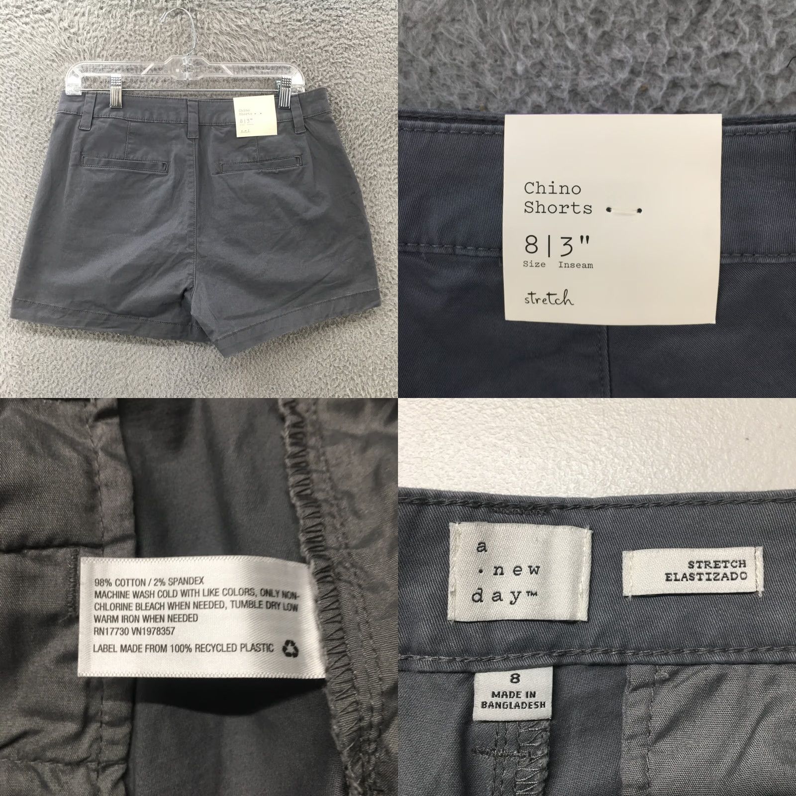Vintage A New Day Chino Shorts Womens 8x3 Grey Cotton Blend Stretch Casual Zip Fly NEW Size 30" / US 8 / IT 44 - 8 Thumbnail