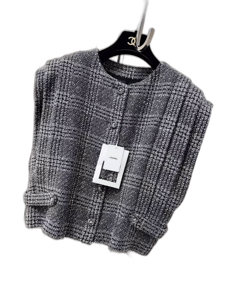 Chanel Gray Plaid Embroidered Sleeveless Vest Top