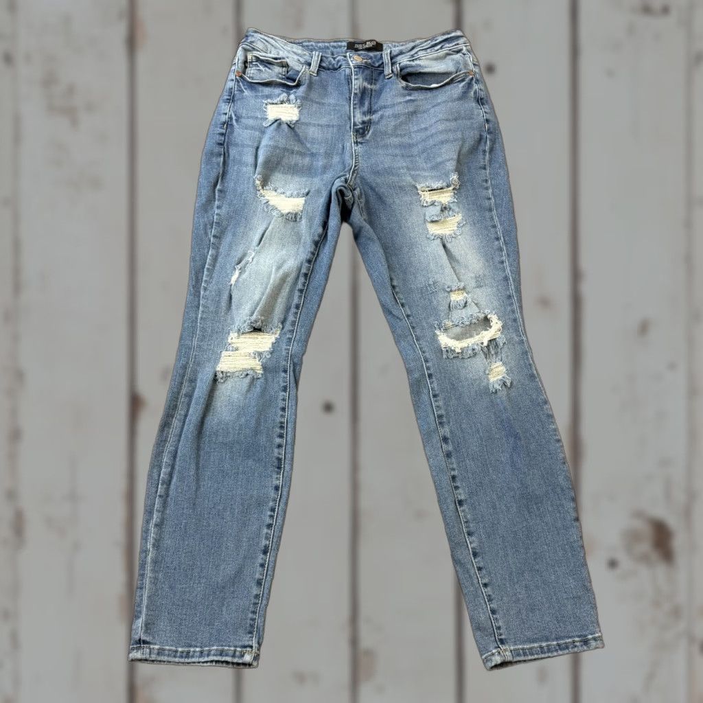 Denime Judy Jeans Womens 14W Boyfriend Relaxed Medium Wash Denim JB88404 29x29 Jeans Slim Distressed Stretch Blue Size 36" / US 14 / IT 50 - 1 Thumbnail