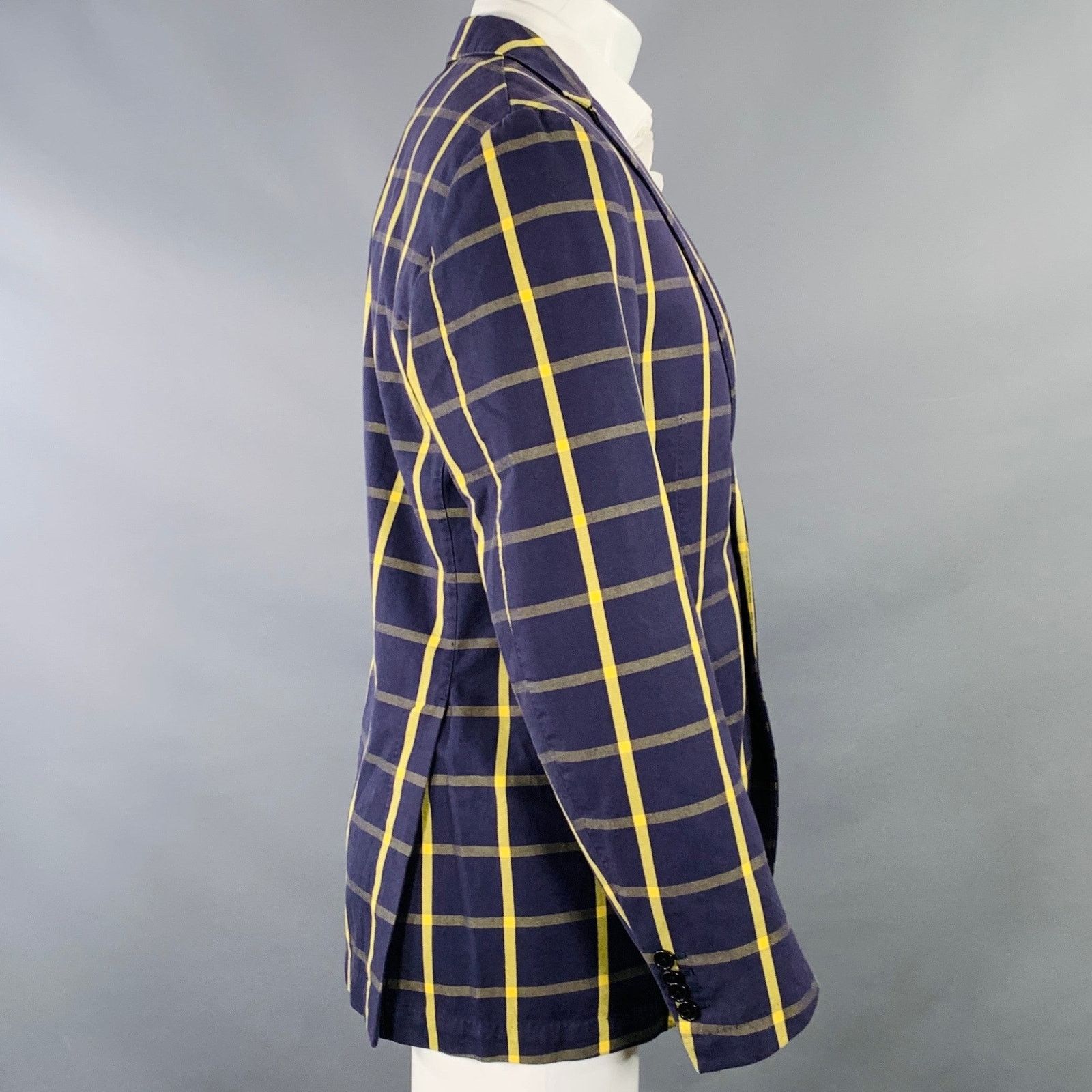 PIOMBO Navy Yellow Window Pane Cotton Notch Lapel Sport Coat Size 40R - 2 Thumbnail