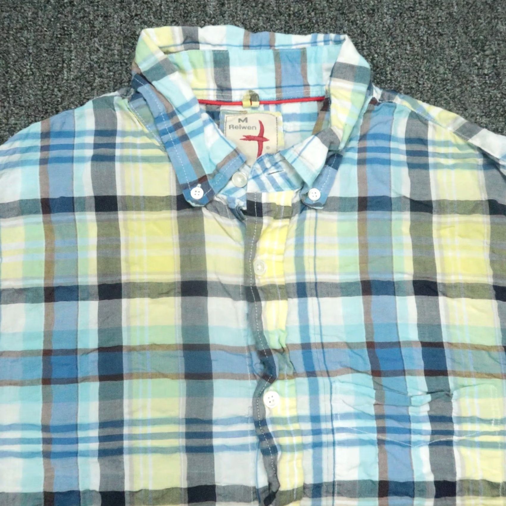 Relwen Relwen Shirt Mens Medium Blue Yellow Plaid Lightweight Long Sleeve Button-Up Seersucker Regular Fit Cotton Spandex Casual Mens Size US M / EU 48-50 / 2 - 2 Thumbnail