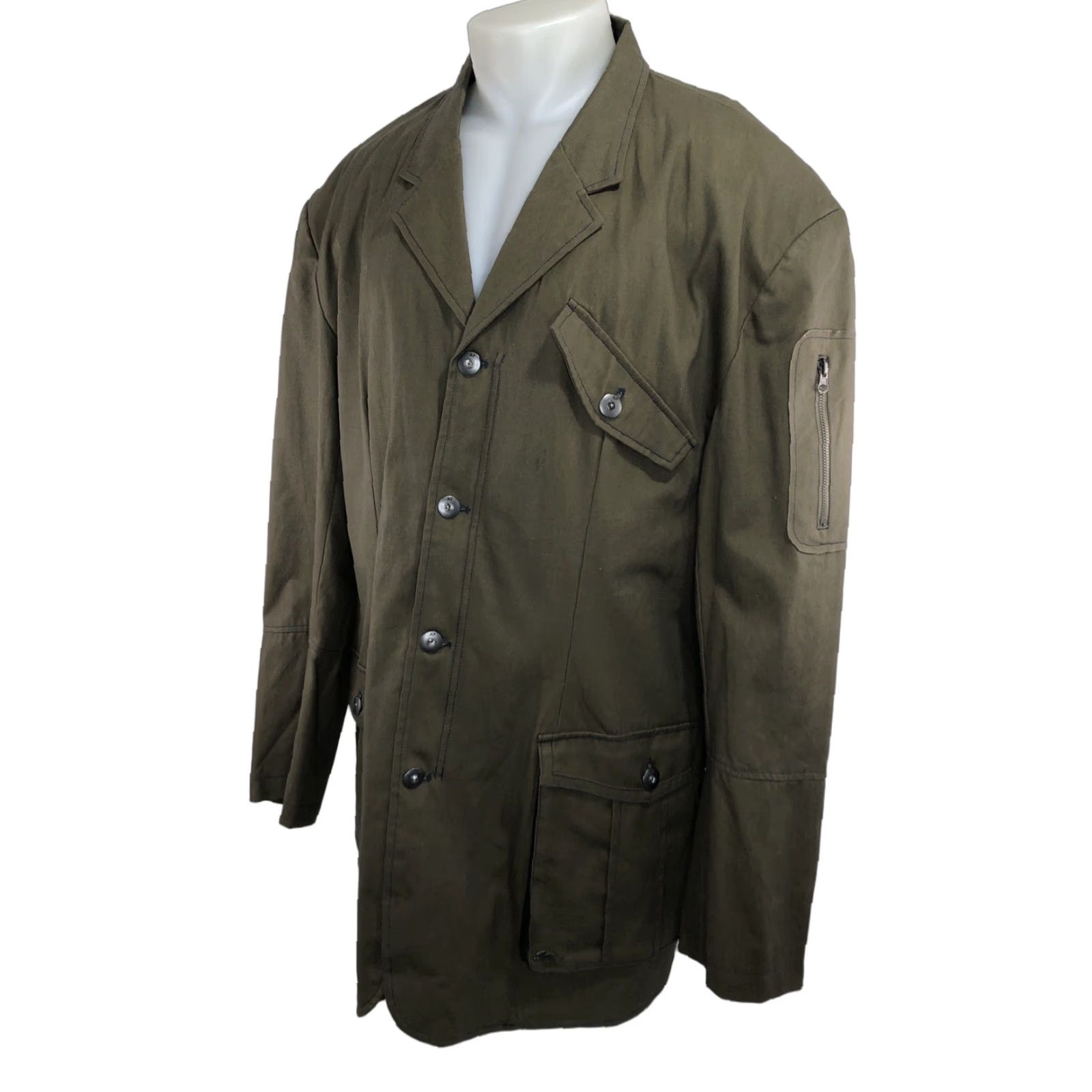Vintage A. TIZIANO Blazer Shirt? Military Canvas Cotton 4XL ELBOW PATCH Blazer Jacket Military Green Mens Size 48R - 1 Thumbnail