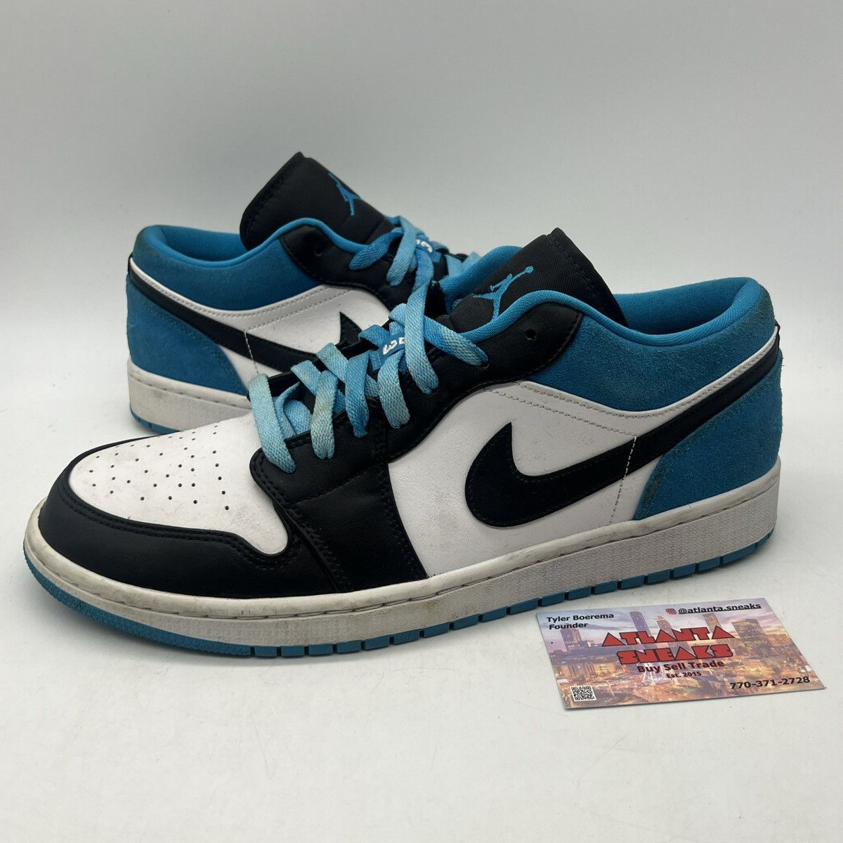 image of Nike Air Jordan 1 Low Laser Blue Shoes in White, Men's (Size 12)