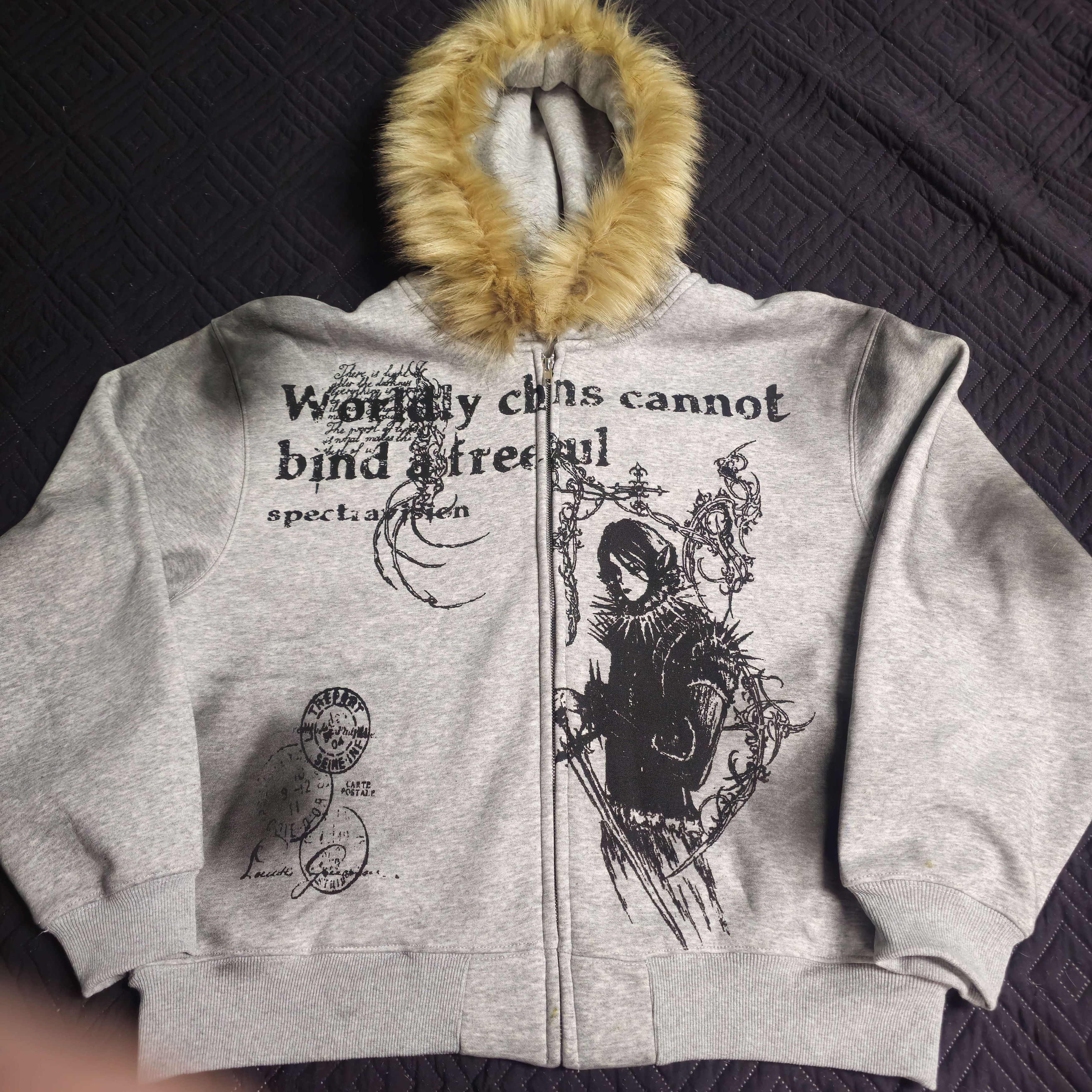 Other Graphic Fur-Trim Zip Hoodie Grey Gothic Streetwear Size US L / EU 52-54 / 3 - 1 Thumbnail