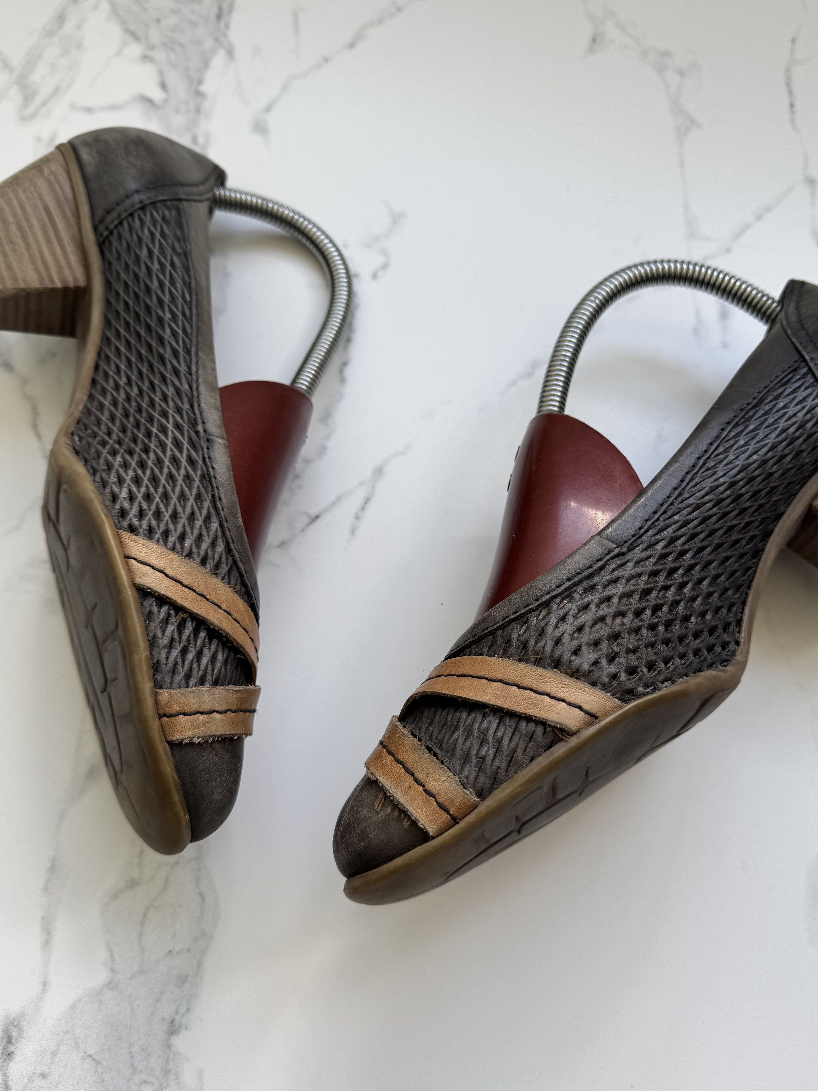 Vintage Vintage Peep Toe Block Heel Mesh Panel Shoes Brown Grey Size US 9 / IT 39 - 4 Thumbnail