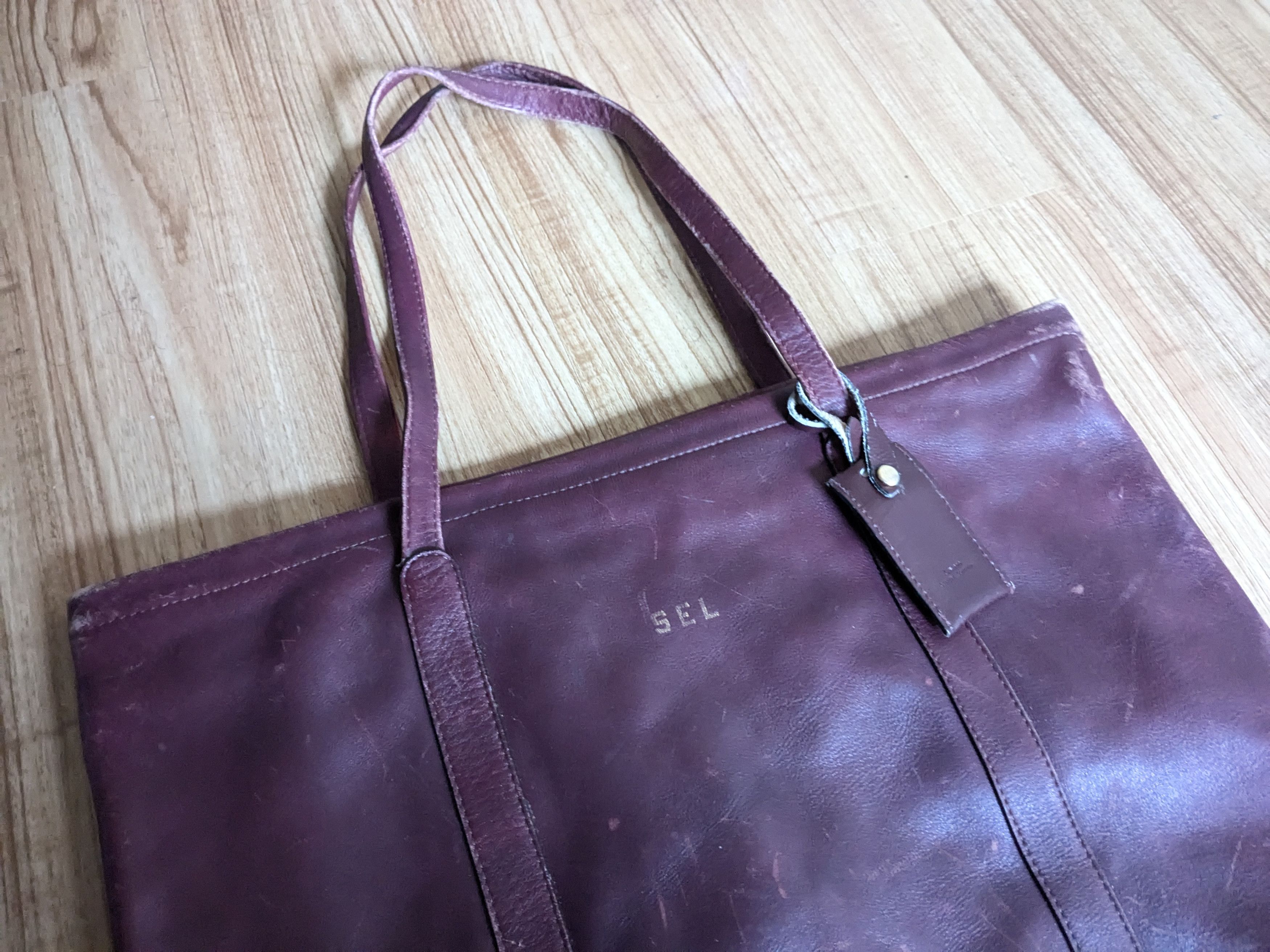 Genuine Leather Vintage Leather Tote Bag Burgundy Zipper Strap Pockets Size ONE SIZE - 5 Thumbnail
