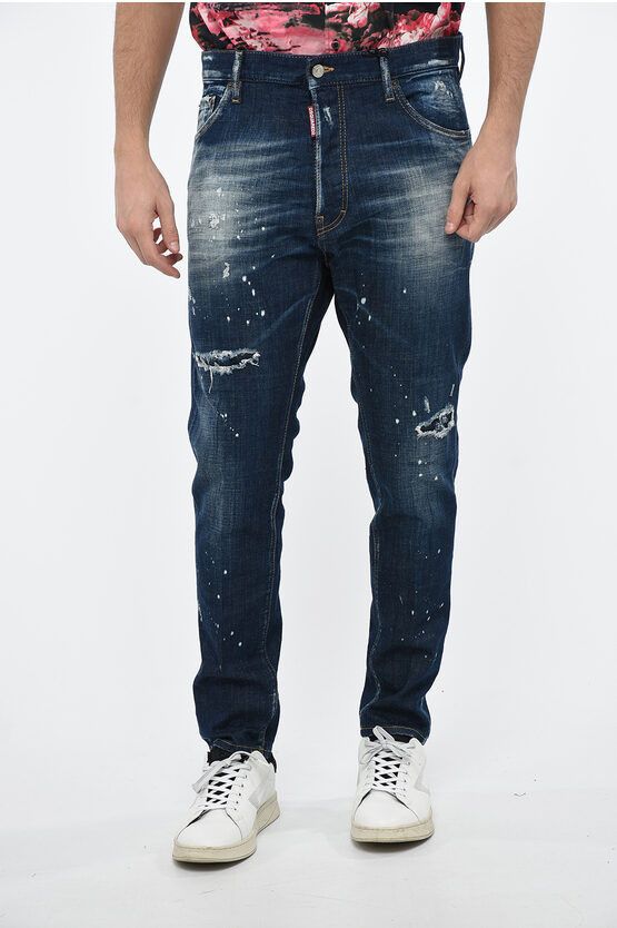 image of Dsquared2 Distressed Relax Long Crotch Denims With Logo Print 16Cm in Blue, Men's (Size 36)