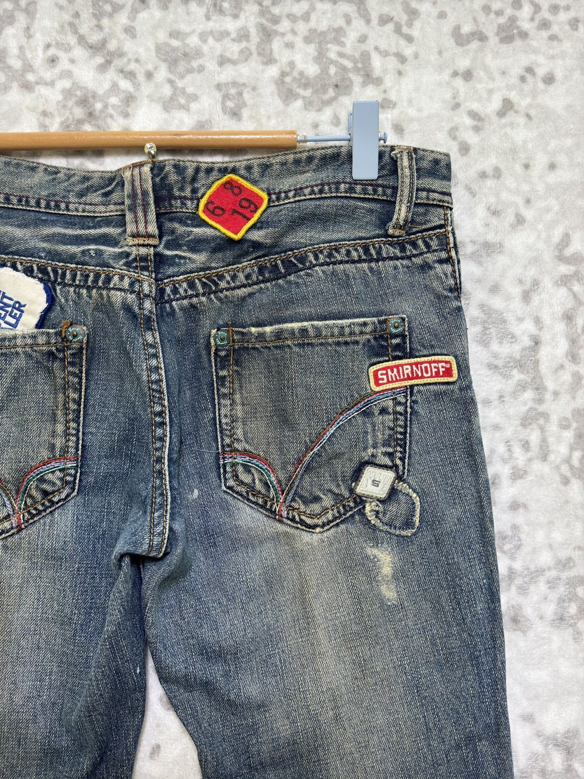 Japanese Brand Vintage BACK NUMBER Flare Distressed Low Raise Patches Denim Size US 29 - 15 Thumbnail