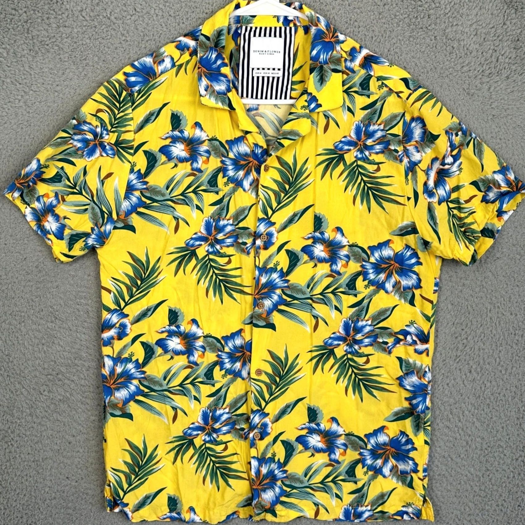 Denime Denim Flower Shirt Mens Medium Yellow Blue Floral Button Up Short Sleeve Size US M / EU 48-50 / 2 - 3 Thumbnail