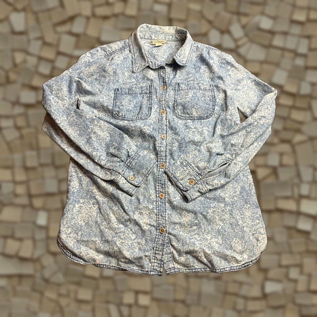 Vintage Ruff Hewn Shirt Women's S Blue Damask Chambray Button Up Pockets Long Sleeve Size S / US 4 / IT 40 - 1 Thumbnail