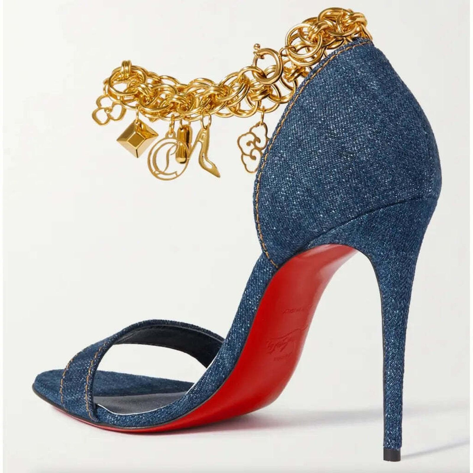 Christian Louboutin Gourmi Sandal 100 Denim Gold Charm Ankle Strap Heel Pump 37 Size US 7 / IT 37 - 8 Thumbnail