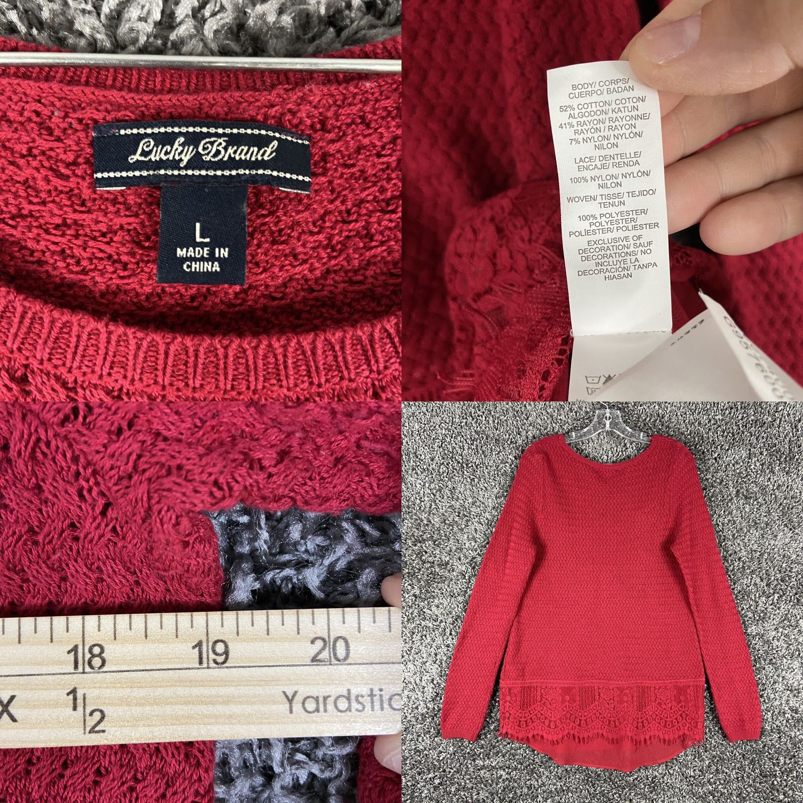 Lucky Brand Lucky Brand Sweater Shirt Women L Red Lace Trim Pullover Long Lace Sheer Trim 90s? (if applicable) Size L / US 10 / IT 46 - 8 Thumbnail