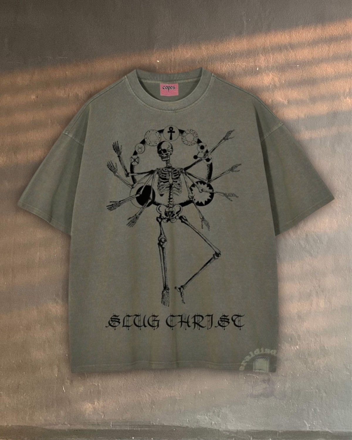 copes x Slug Christ shaeol tee very swag green vintage wash