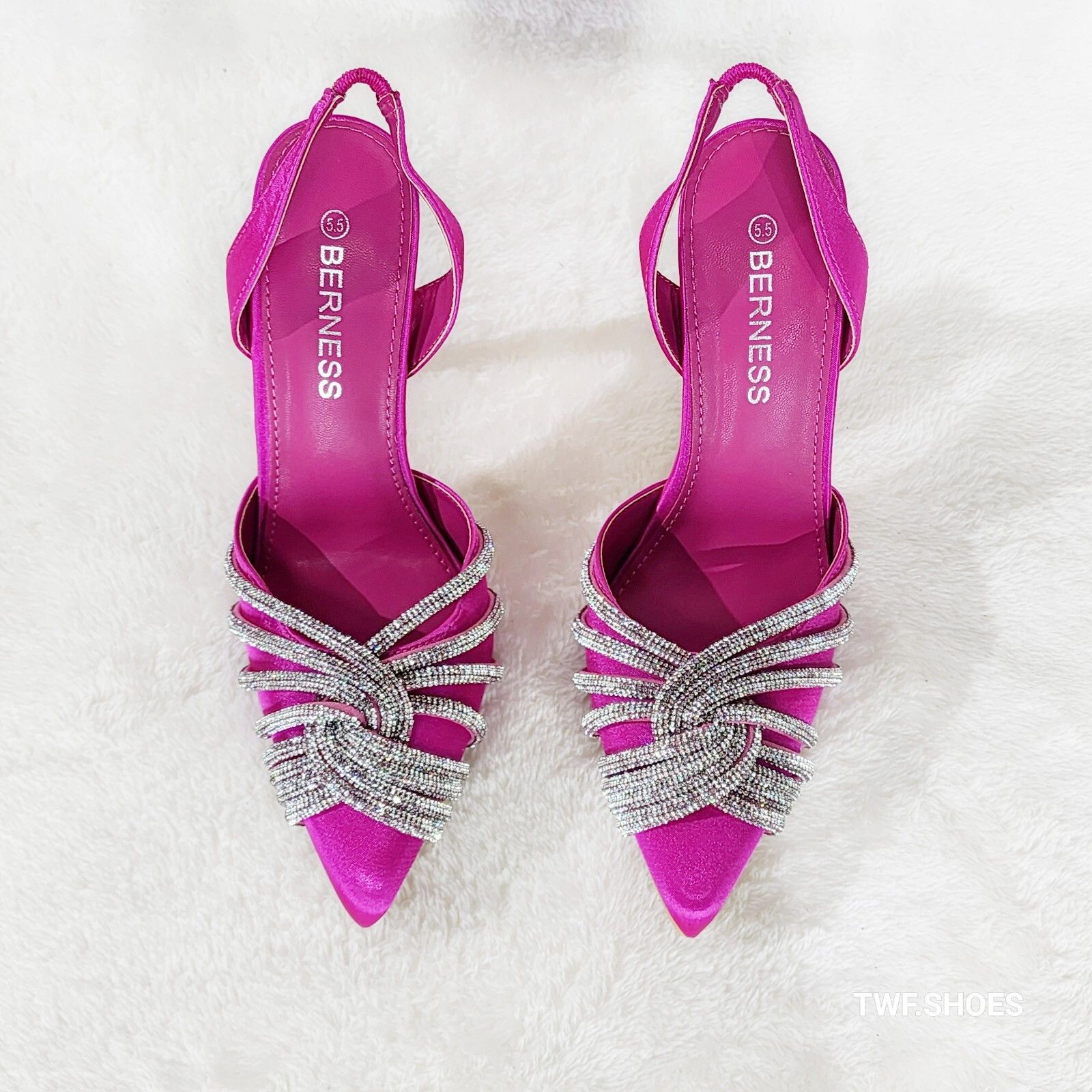 Other Elegance Slip on Slingback Fuchsia Satin Rhinestone Pointy T Size US 8 / IT 38 - 6 Thumbnail