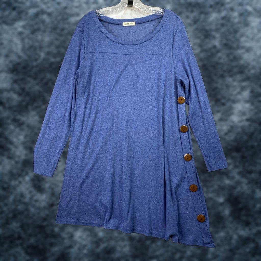 Vintage iGENJUN Dress Womens XL Blue Button Detail Asymmetrical Long Sleeve Knit Stretch Size XL / US 12-14 / IT 48-50 - 1 Thumbnail